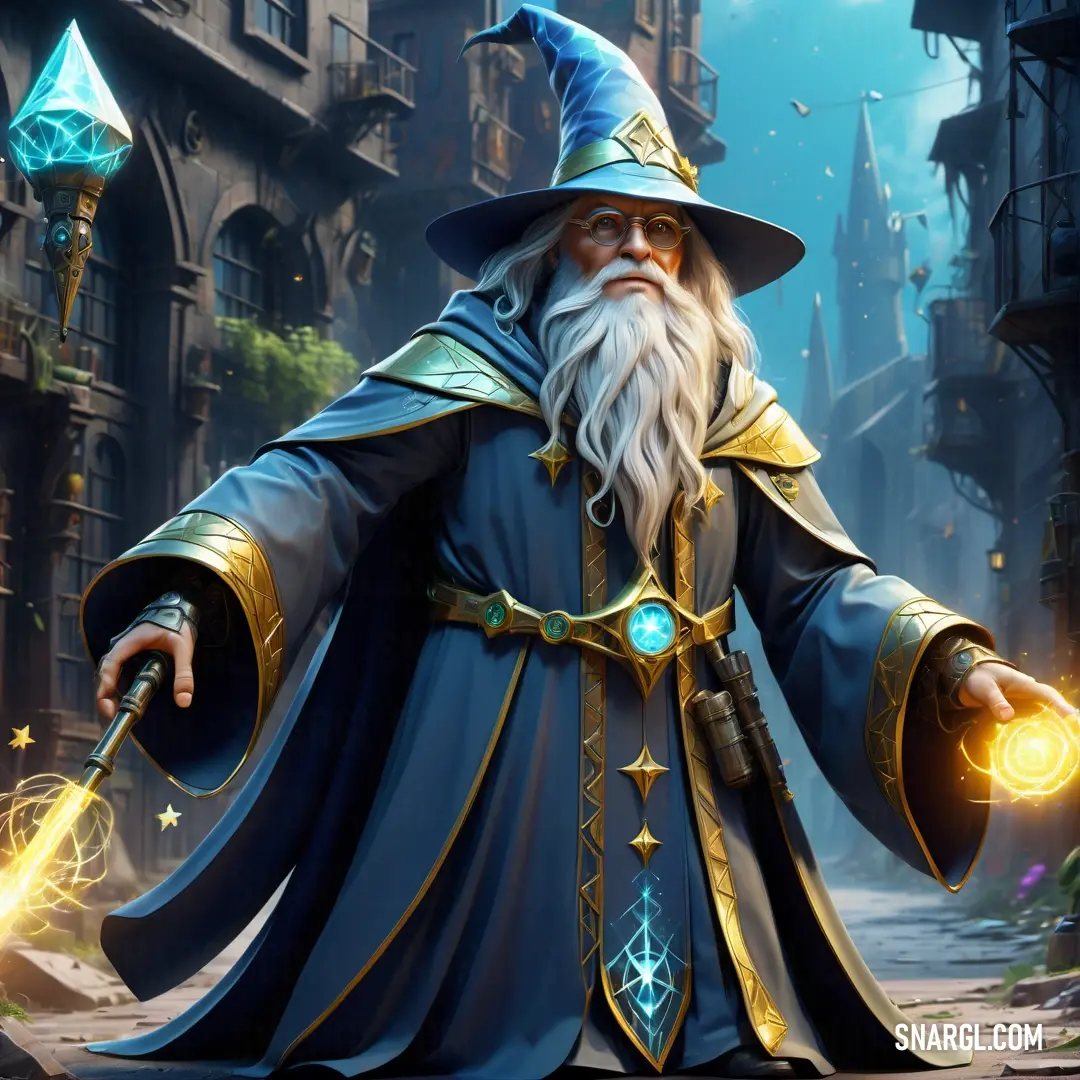 Wizard with a wand and a hat on holding a glowing wand in his hand and a glowing orb in his hand