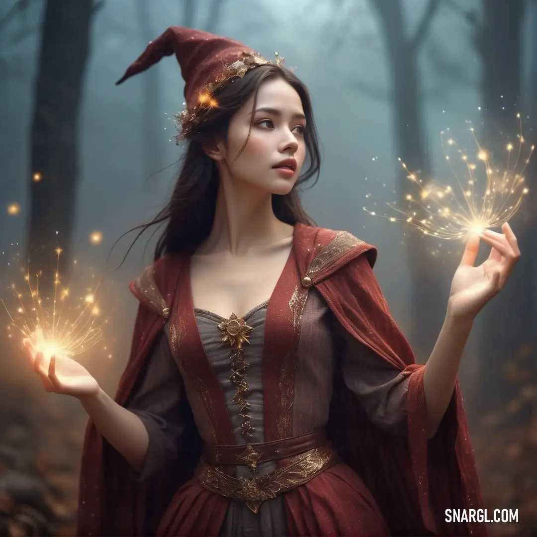Wizard dressed in a red dress holding a sparkler in her hands in a forest with trees and leaves