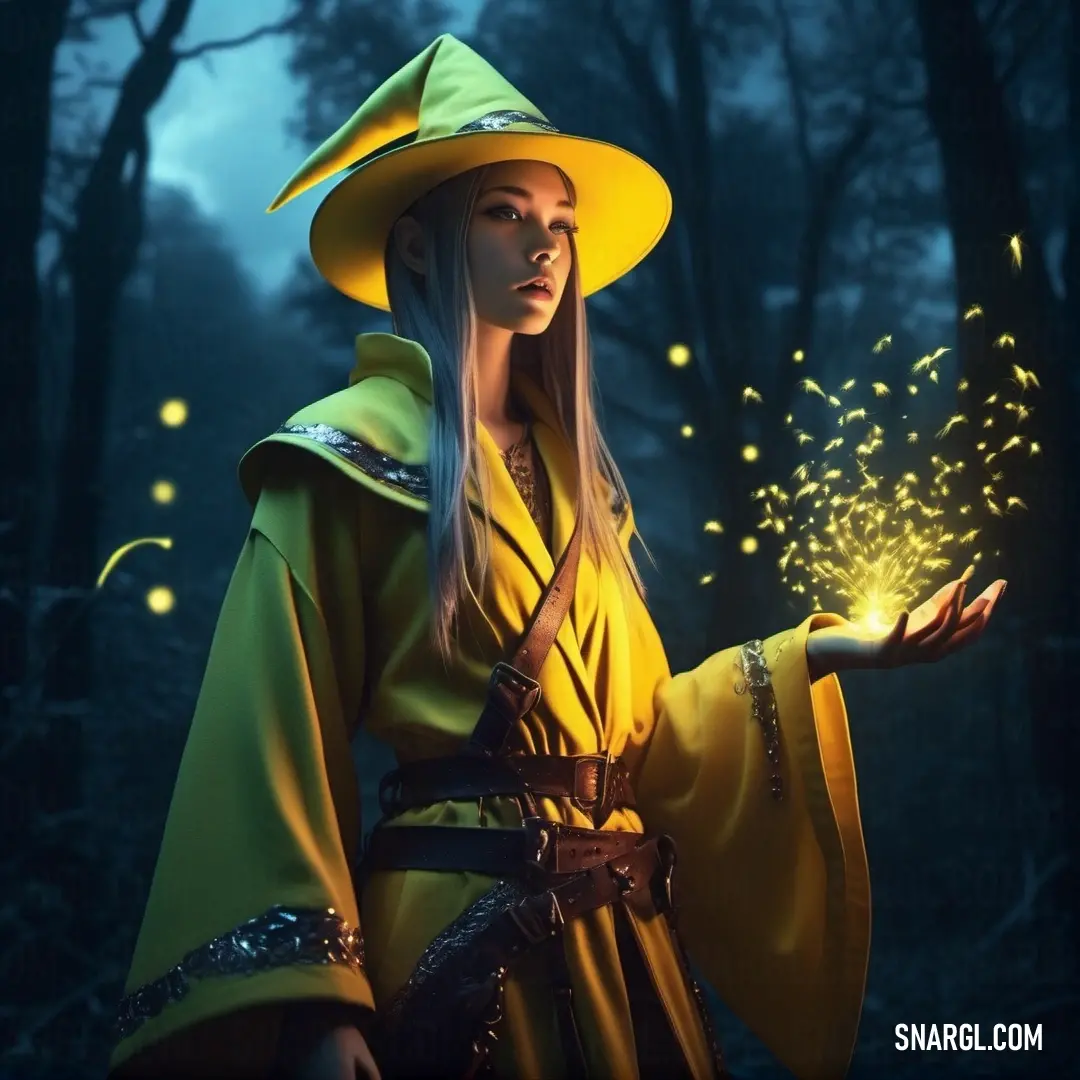 Wizard dressed in a yellow costume holding a firework in her hand