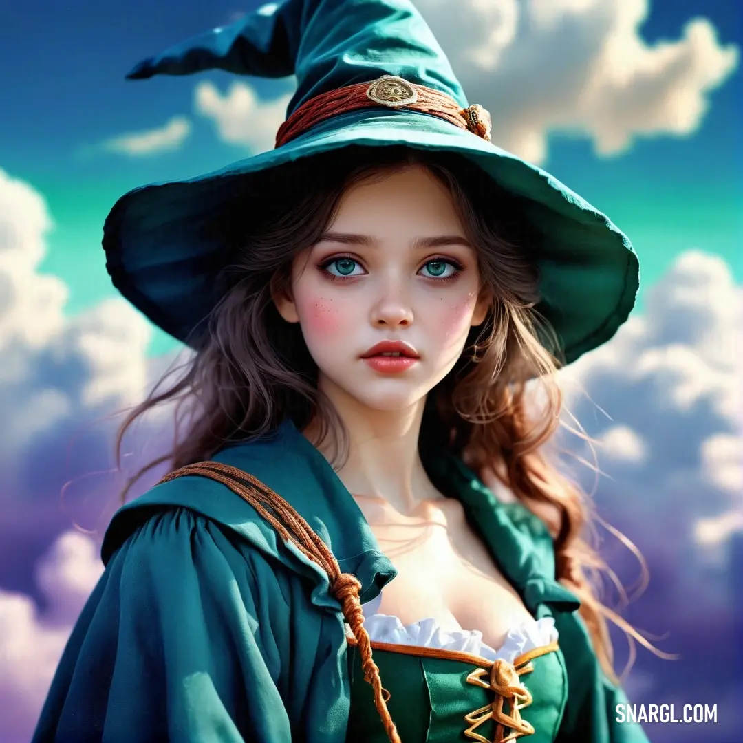 Wizard in a green dress and hat with a green hat on her head and a blue sky with clouds behind her