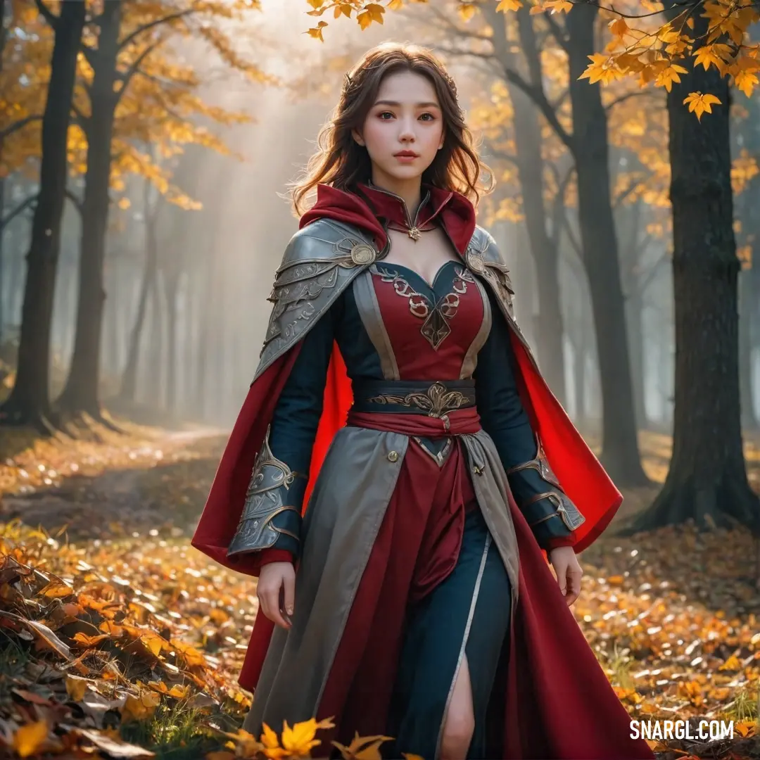 Wizard in a red and grey dress standing in a forest with leaves on the ground and trees in the background