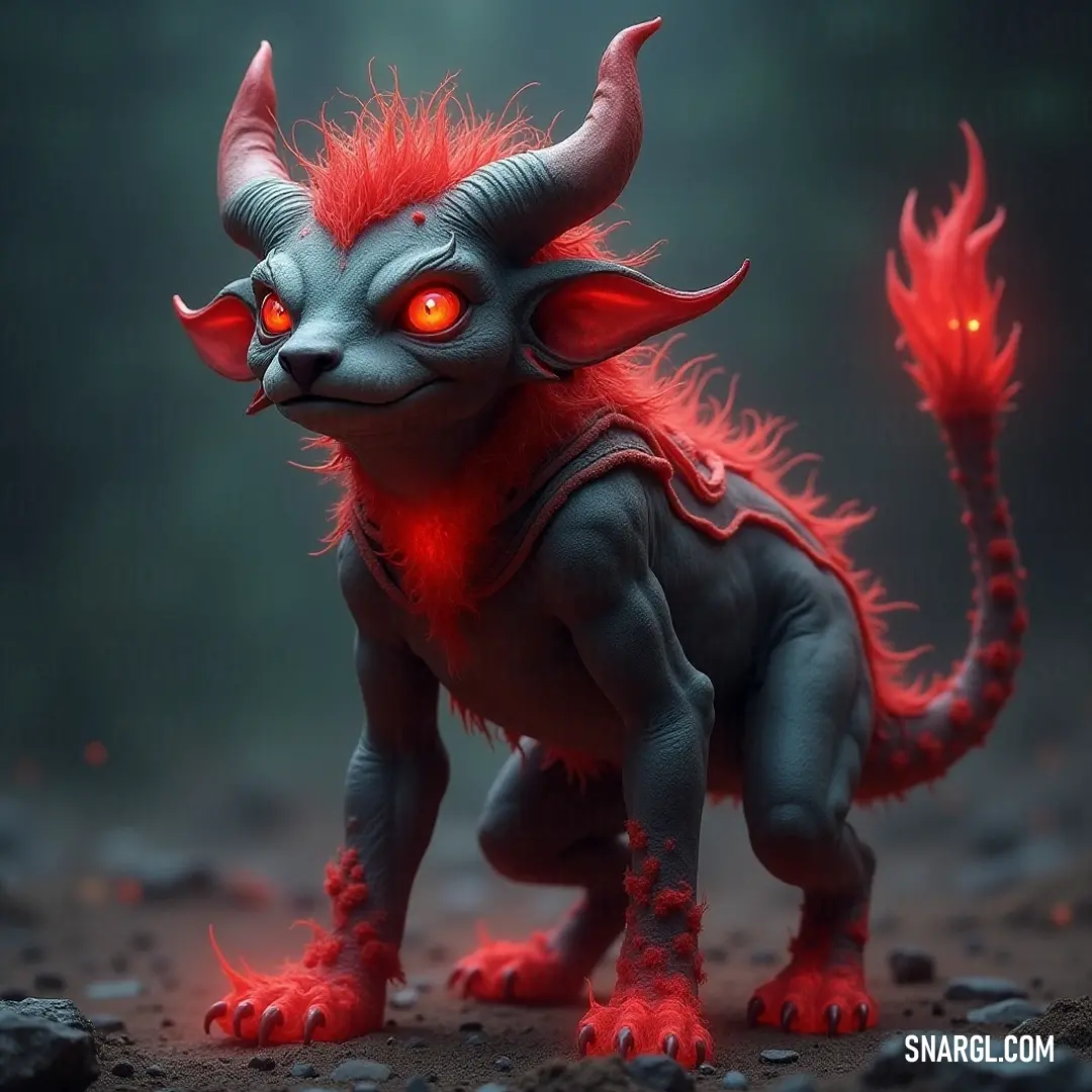 The fearsome red and black Wizzle, adorned with horns and glowing red eyes, asserts its dominance over the rocky terrain, shrouded in an ominous aura. A menacing red and black Wizzle stands boldly on a jagged rock surface, its fiery red eyes emanating an eerie glow that pierces the dim surroundings, creating an atmosphere of magic and danger.
