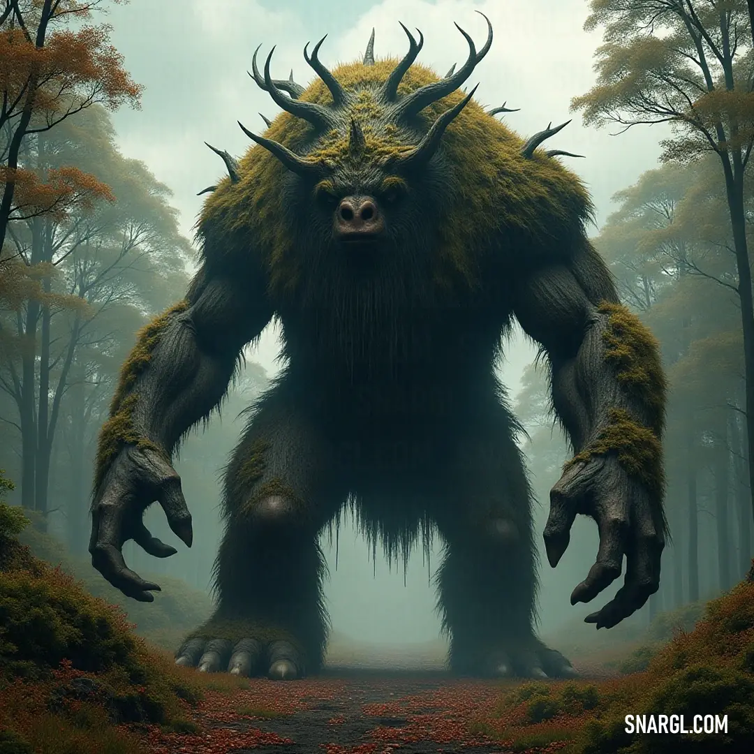 Giant Wood Giant stands guard in a tranquil forest setting The imposing Giant Wood Giant towers with impressive horns and enormous hands, nestled within the vibrant forest, surrounded by fallen leaves and a winding path leading into the mystical depths of nature.