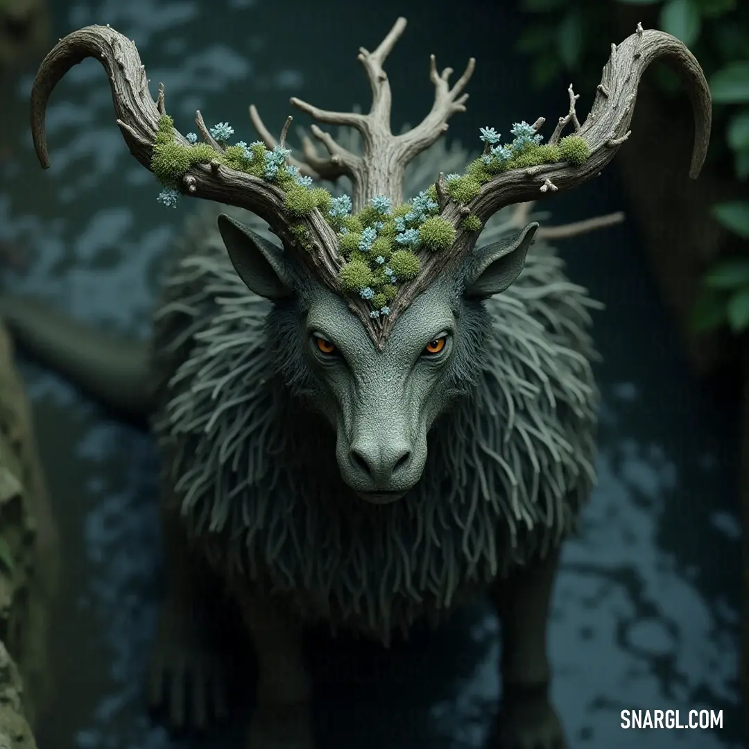 A noble goat crowned with a colorful wreath of flowers, embodying the spirit of tranquility in a serene outdoor setting. A majestic goat adorned with a vibrant floral wreath, standing gracefully amidst a lush green landscape, symbolizing beauty and nature's harmony.