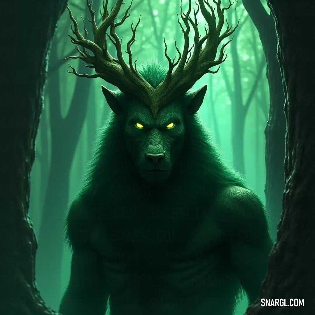 Enigmatic Green Wood King with radiant eyes reigns over a lush forest, intertwined with branches and vibrant greenery. The Green Wood King, with his vibrant horns and glowing eyes, embodies the spirit of the forest, surrounded by a tangle of branches and emerald foliage that come alive in his presence.