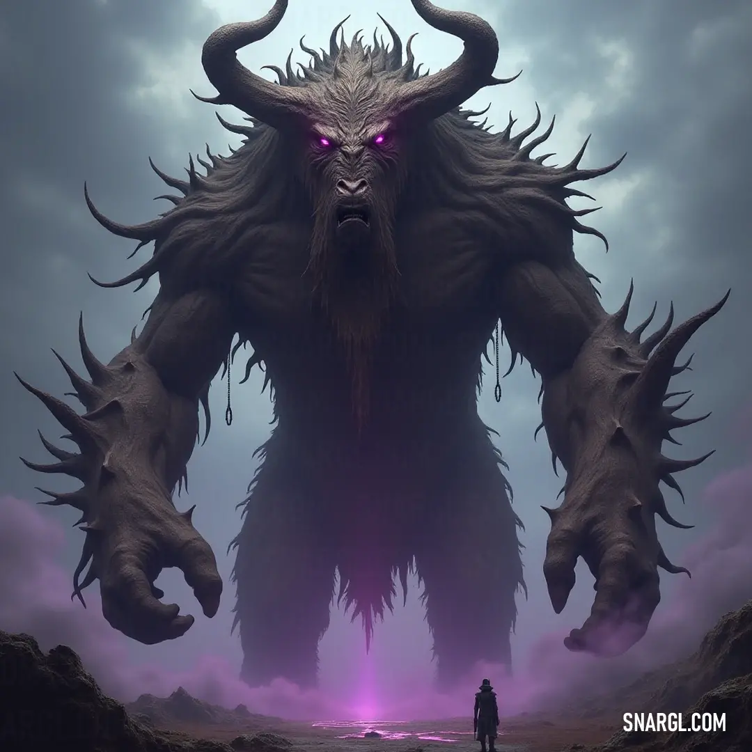 The intimidating giant monster towers over a Wood Titan on a dramatic day, with swirling purple light surrounding them, magnifying their formidable presence. A colossal monster with vast horns looms over a Wood Titan, both magnificent and foreboding against a backdrop of cloudy skies lit by ethereal purple hues, showcasing the awe of nature's fiercest creations.
