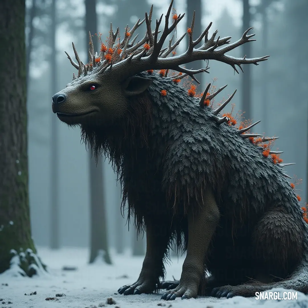 This adorable Wooden Warden, with its playful horns, finds joy in the serene snowy forest, bringing a sense of warmth to the wintry landscape. A cute Wooden Warden with charming horns stands cozily in a snowy forest, his lively expression radiating warmth amidst the peaceful white drifts and towering trees around him.