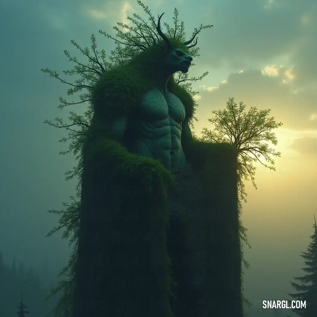 The grand Woodland King stands majestic in a flourishing forest, embodying the natural majesty of the wild. A gigantic Woodland King with a flowing beard and impressive horns reigns over a vibrant forest, flanked by towering trees and lush underbrush, a symbol of nature's strength and beauty.