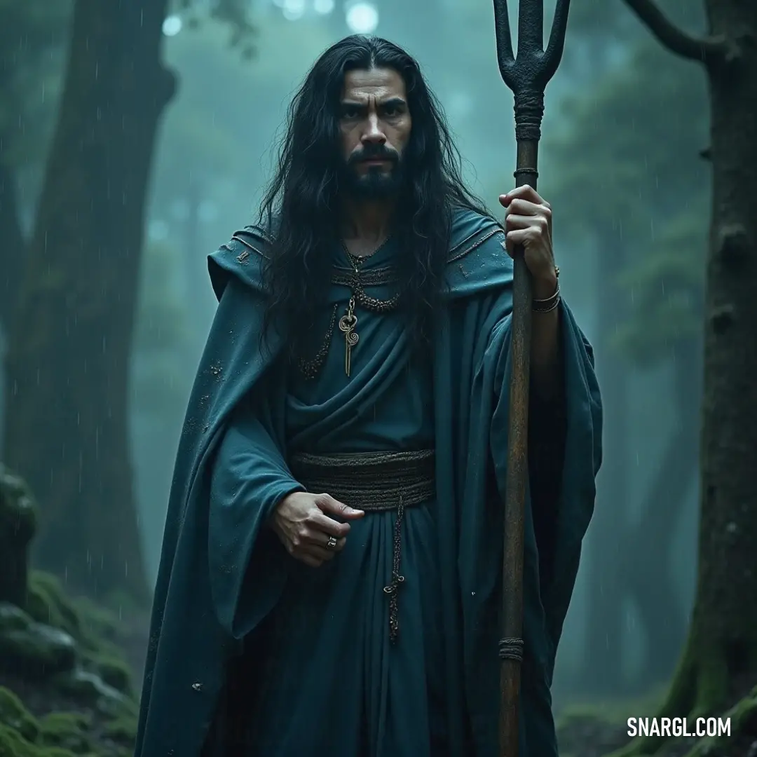 A serene representation of the Woodland Priest in a green robe, holding a staff amidst ancient trees and rocks, embodying a deep connection with nature's spirit. In a tranquil forest, the Woodland Priest, dressed in a flowing green robe, stands with a staff, surrounded by ancient trees and rocks. The serene atmosphere conveys a deep connection to nature, highlighting the spiritual harmony of the woodland realm.