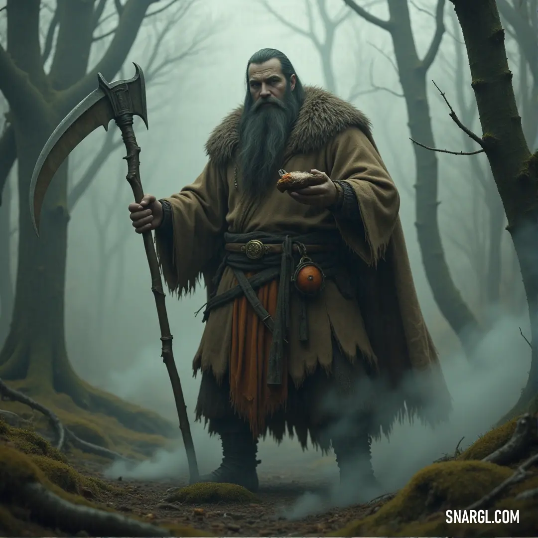 Woodland Priest with a long beard, holding an axe, standing in a foggy forest surrounded by towering trees. A mysterious Woodland Priest with a long, flowing beard stands in a fog-filled forest, gripping a large axe with both hands. The dense trees around him are partially shrouded in mist, giving the scene an ethereal, otherworldly atmosphere.