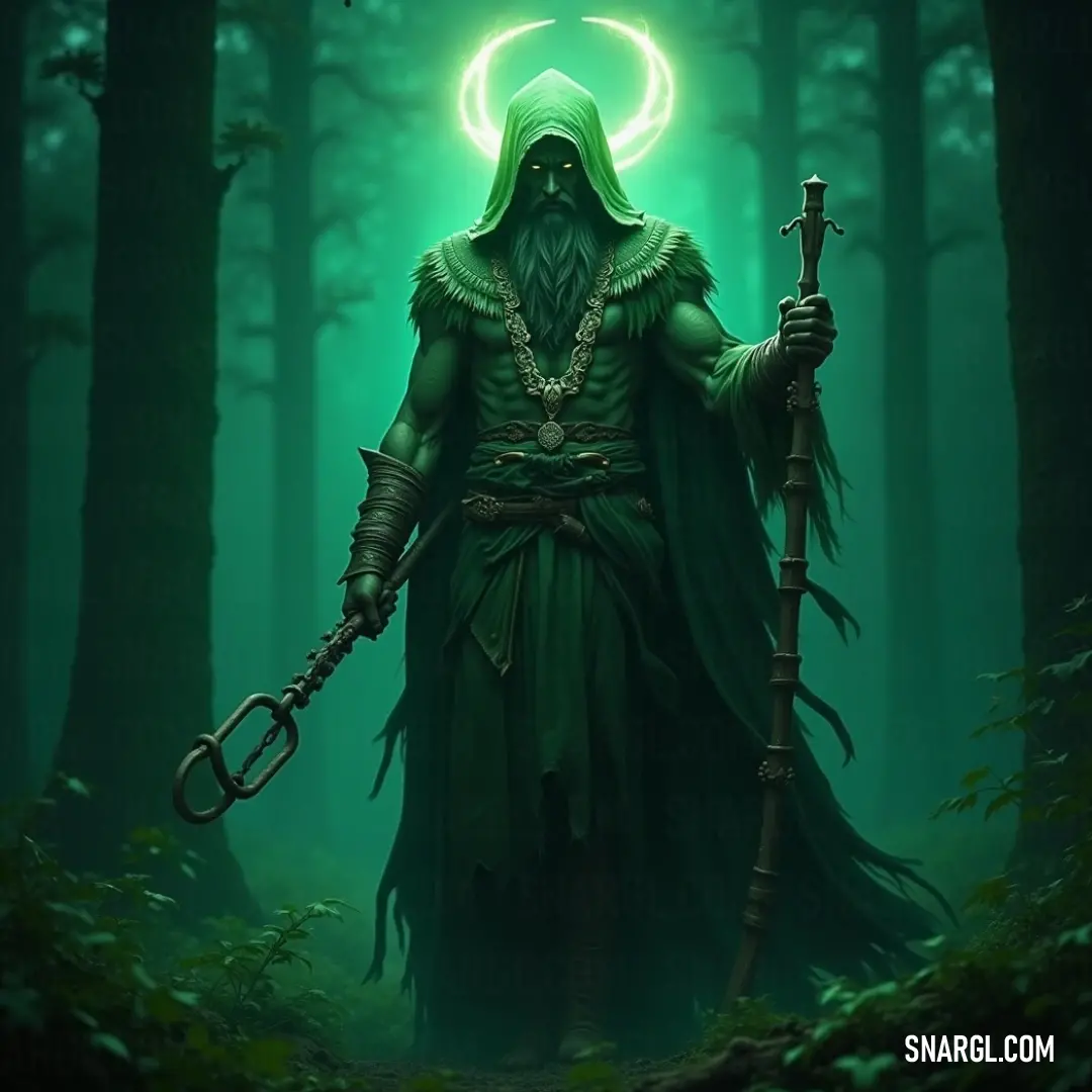 A captivating portrayal of the Woodland Shaman in a green robe, holding a staff surrounded by the vibrant beauty of nature, embodying harmony and ancient wisdom. In a lush, vibrant forest, the Woodland Shaman, adorned in a green robe, holds his staff high, a green ring crowning his head. Surrounded by nature's beauty, he channels energy from the earth, symbolizing harmony and ancient wisdom.