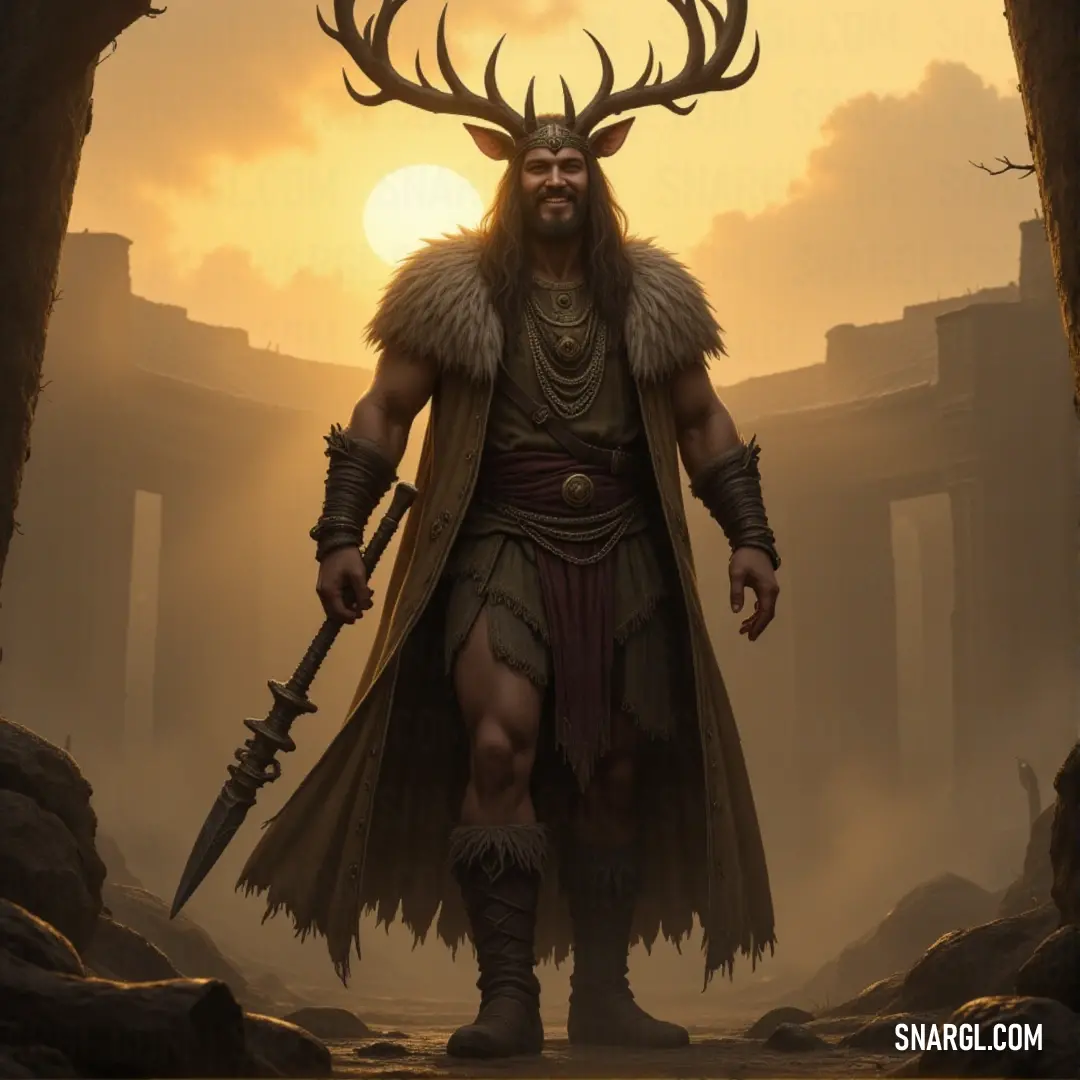 Woodland Shaman with a horned headpiece and sword in a cave with sunlight filtering through. A Woodland Shaman, with a horned headpiece and holding a horned sword, stands within a dark cave, where the sunlight peeks through, casting a mystical glow on the ancient warrior.