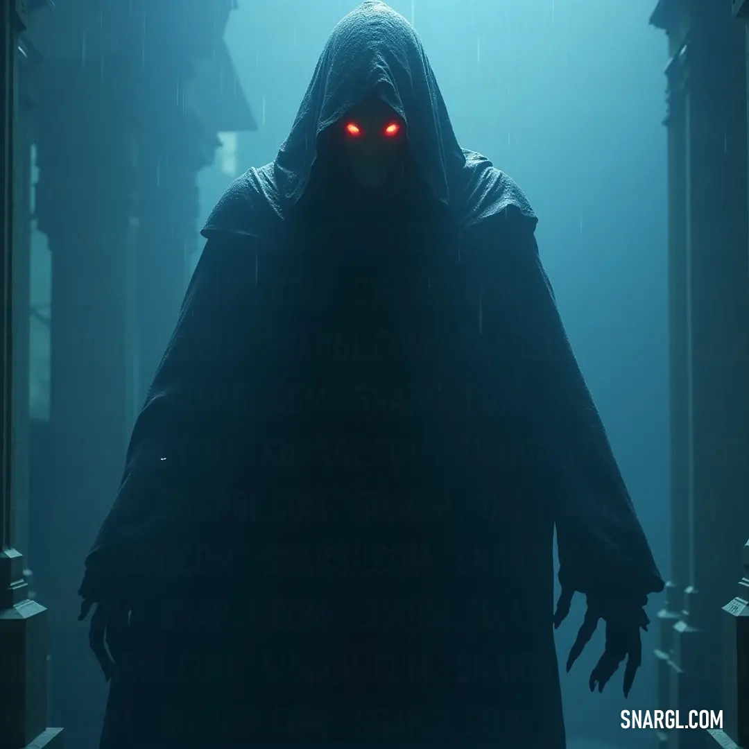 The wraith, shrouded in darker than night garments, looms with chilling grace in an ancient, dimly lit room, his fiery red eyes illuminating the darkness, transforming the air into a realm of foreboding mystery and spectral wonder. A ghastly wraith cloaked in shadowy attire stands ominously in a dark chamber, his fiery red eyes glow from beneath his hood, casting an ominous aura within the ancient room adorned with columns and crumbling pillars that whisper secrets of the past.