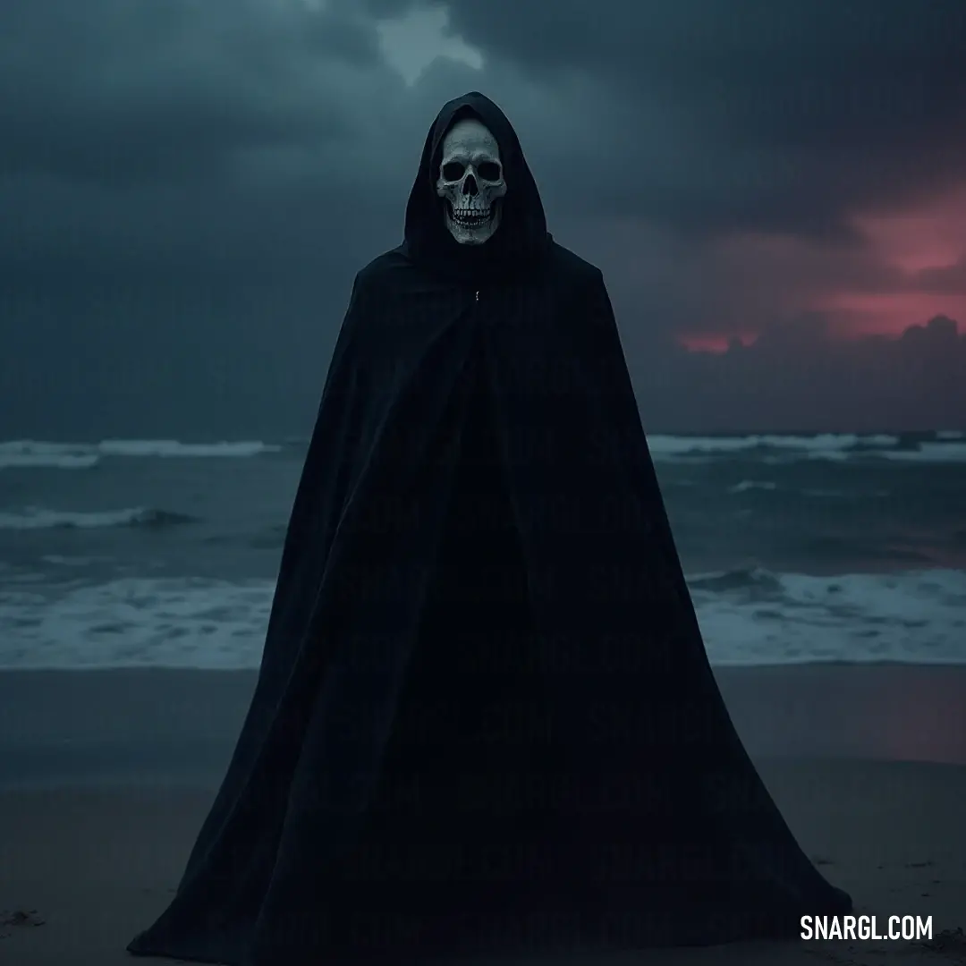 Wraith on a Moonlit Beach Under Red Skies A Wraith draped in a black cloak stands resolute on a moonlit beach, with fiery red skies raging overhead. The tumultuous waves crash against the shore, enhancing the dramatic scene as the Wraith gazes into the distance, lost in thought.
