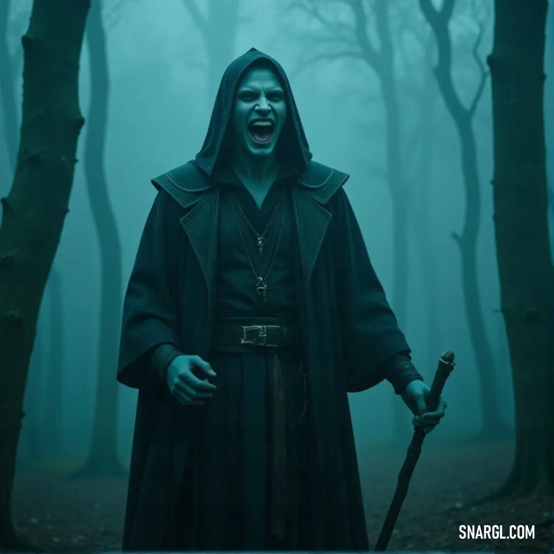 A Wraith Enchanter in a hooded robe, holding a staff, stands amidst a foggy forest where ancient secrets lie hidden. In a shadowy forest filled with swirling mist, a Wraith Enchanter, cloaked in a dark hooded robe, grips a mystical staff. The trees around him are dense, their shapes blurred by the fog, creating an aura of magic and mystery.