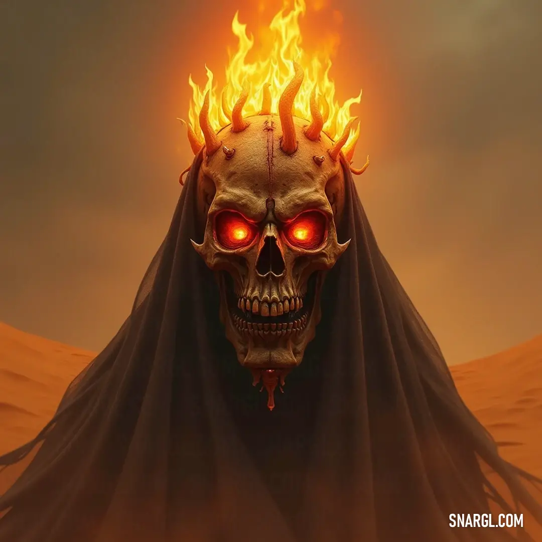 A haunting skull shrouded in a flowing cape stands out against a sinister background, its fiery eyes radiating an unsettling energy that captures the viewer's gaze. A chilling skull adorned with a billowing cape rests ominously, its hollow eye sockets ablaze with a fierce, flickering fire. The dark backdrop amplifies the skull's otherworldly aura, hinting at ancient secrets and forgotten power.