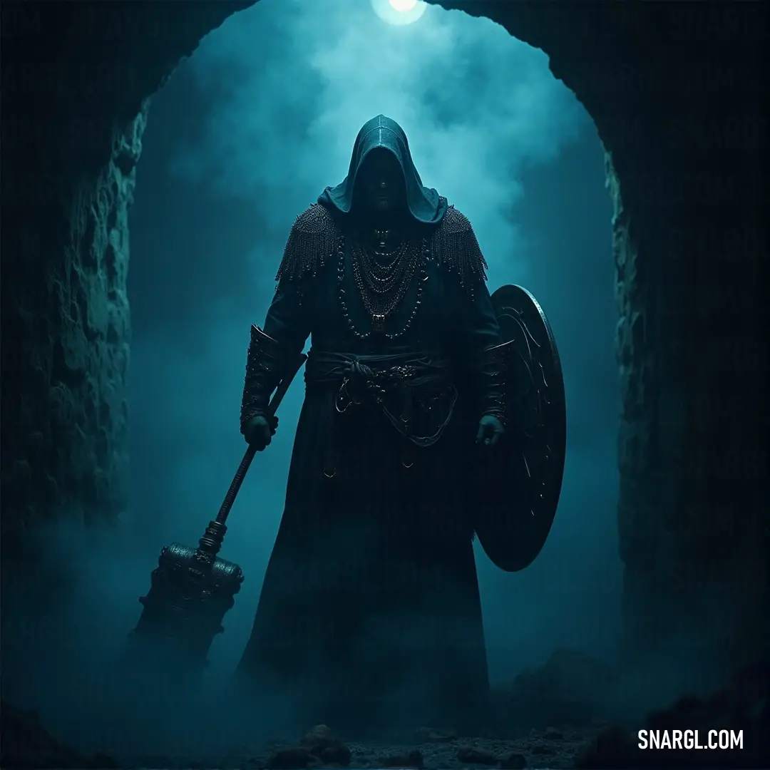 A menacing Wraith King in a shadowy cave, holding a shield and staff, radiating a foreboding aura in the darkness. A powerful Wraith King stands in the depths of a dark cave, his eerie figure looming as he holds a shield on his shoulder and grips a mystical staff, his presence casting an ominous glow in the shadowy surroundings.