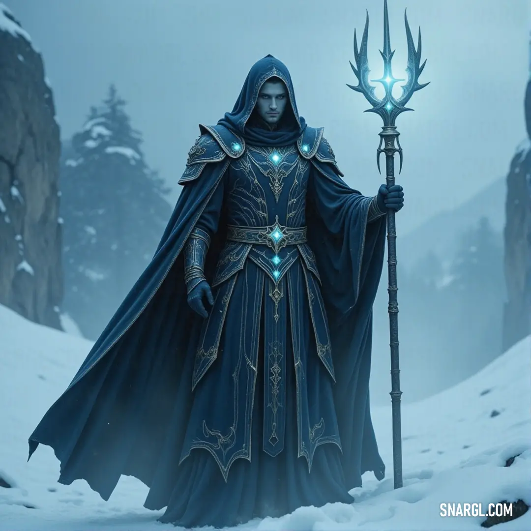 The Wraith Sovereign in his hooded cloak, holding a glowing staff, stands against the backdrop of a snowstorm, his aura pulsing with arcane power. The Wraith Sovereign stands tall in a snow-covered landscape, his hooded cloak fluttering in the cold wind. Holding a staff topped with a glowing orb, his ethereal presence seems to command the falling snow, his every step leaving a trail of mystic light.