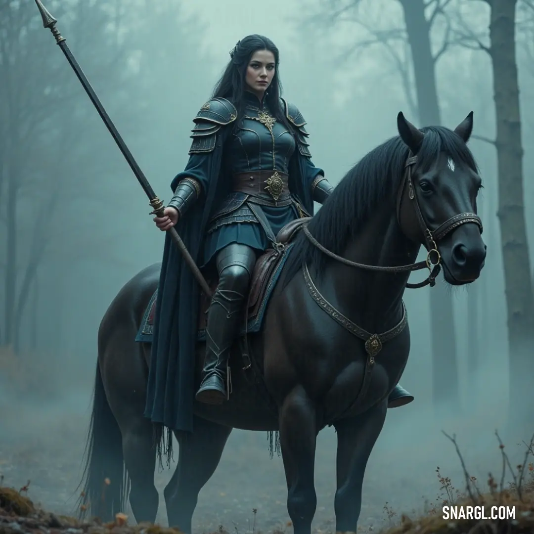 A fierce Wraith Warden, donned in dark medieval armor, skillfully rides through a shadowy forest, gripping her gleaming sword while her steed gallops through the misty underbrush. A fierce Wraith Warden, donned in dark medieval armor, skillfully rides through a shadowy forest, gripping her gleaming sword while her steed gallops through the misty underbrush.