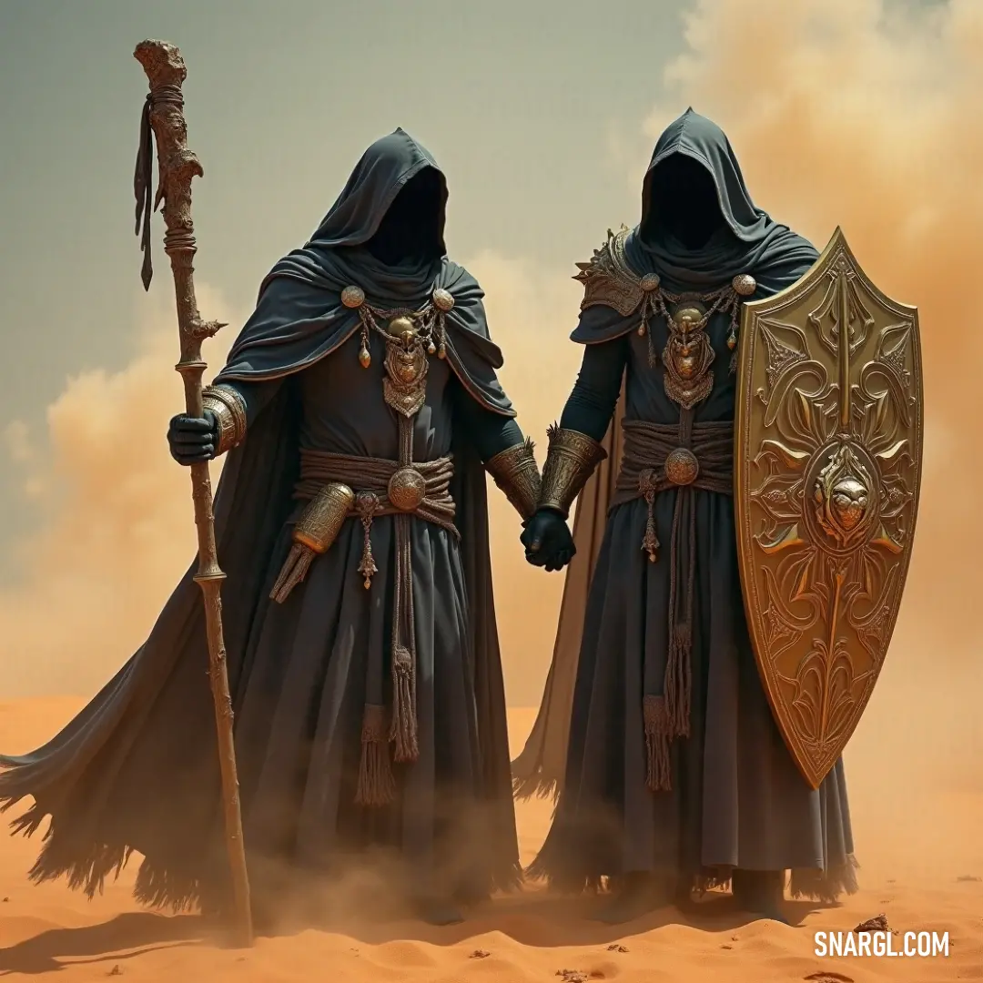 Two medieval warriors stand united in the desert, showcasing their sword and shield against a backdrop of expansive skies. A pair of medieval warriors, each adorned in intricately designed clothing, stand proudly in a sunlit desert, one wielding a gleaming sword while the other displays a bold shield, both framed by a vast sky filled with serene clouds.