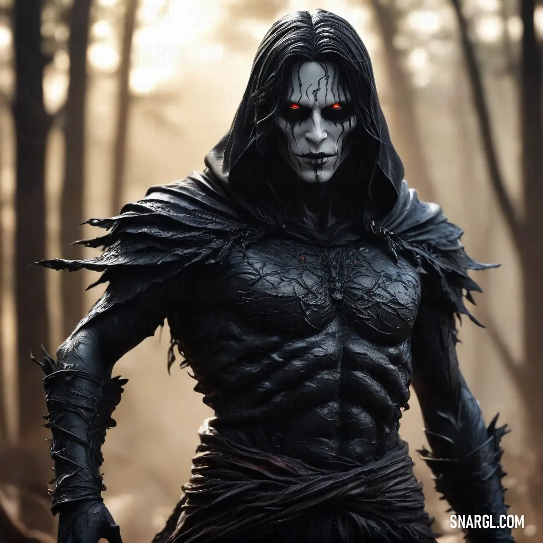 Wraith in a black outfit with red eyes and a black mask in a forest with trees and fog