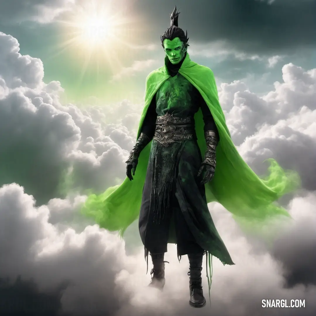 Wraith in a green cape standing on a cloud covered sky with his hands in his pockets