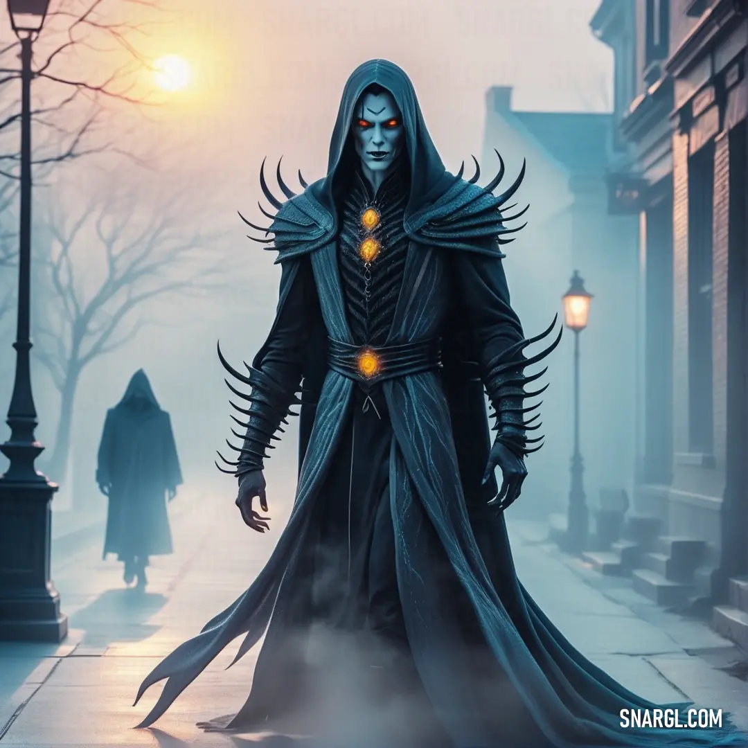 Wraith in a hooded coat and a glowing light in his eyes walks down a street in a foggy area