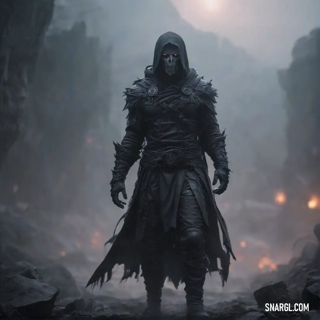 Wraith in a hooded outfit standing in a rocky area with a full moon in the background