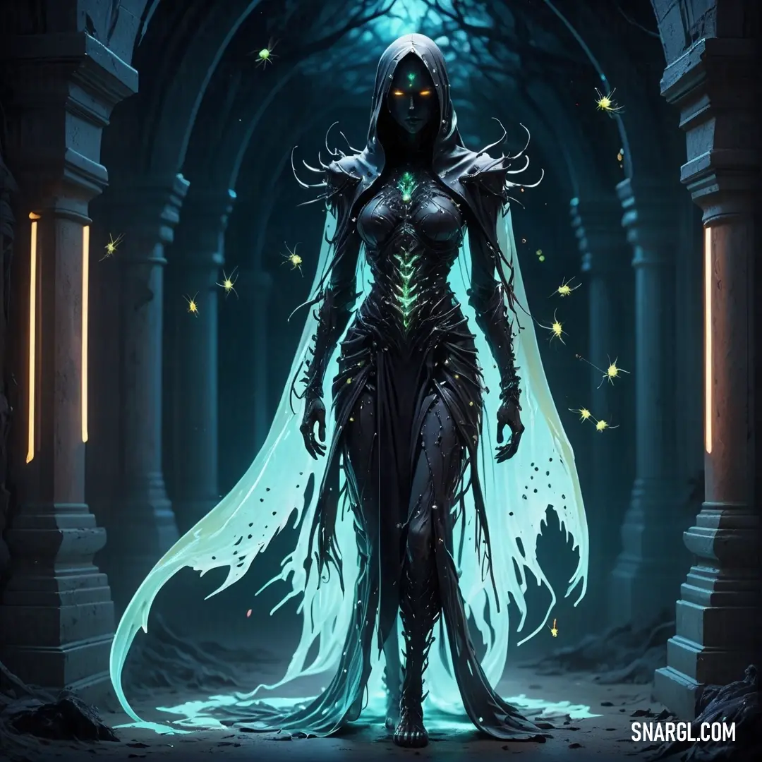 Wraith in a black outfit with a green cape and a hood on her head and a glowing light in her hair