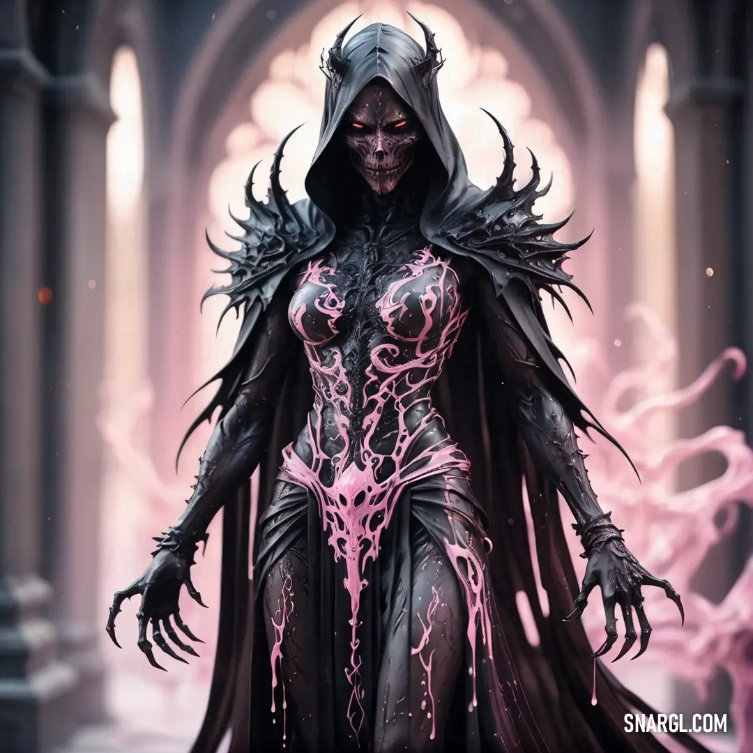 Wraith in a black and pink costume with a hood and a demon like outfit on her body and hands