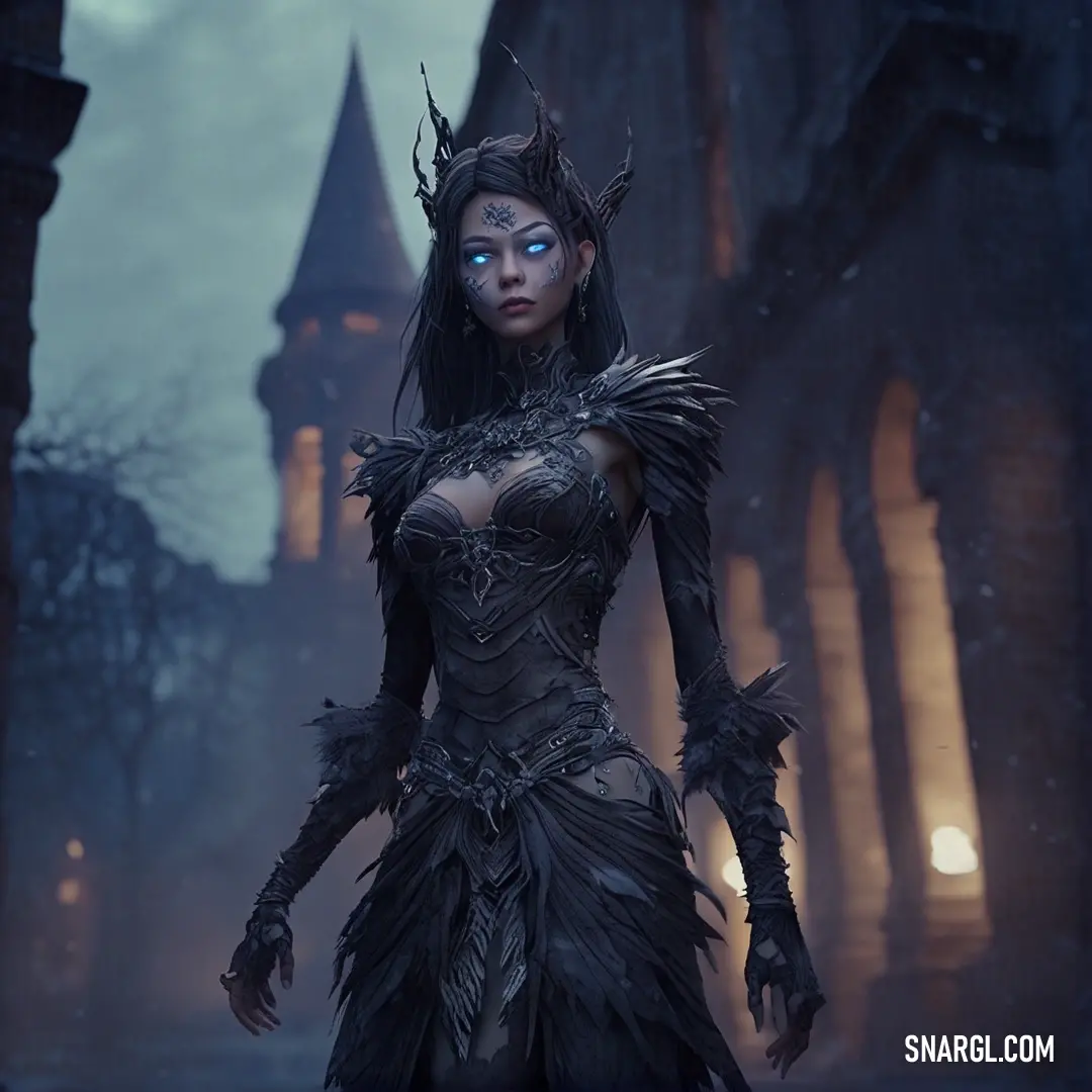 Wraith in a costume standing in front of a castle at night with a glowing eye and a dark hair