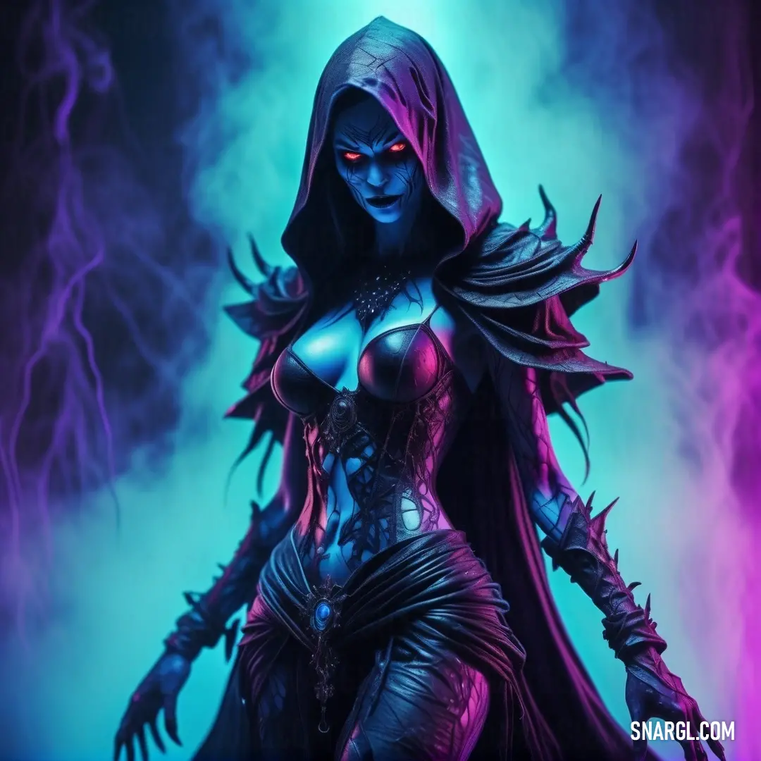Wraith in a costume with a hood and a sword in her hand, with a purple background