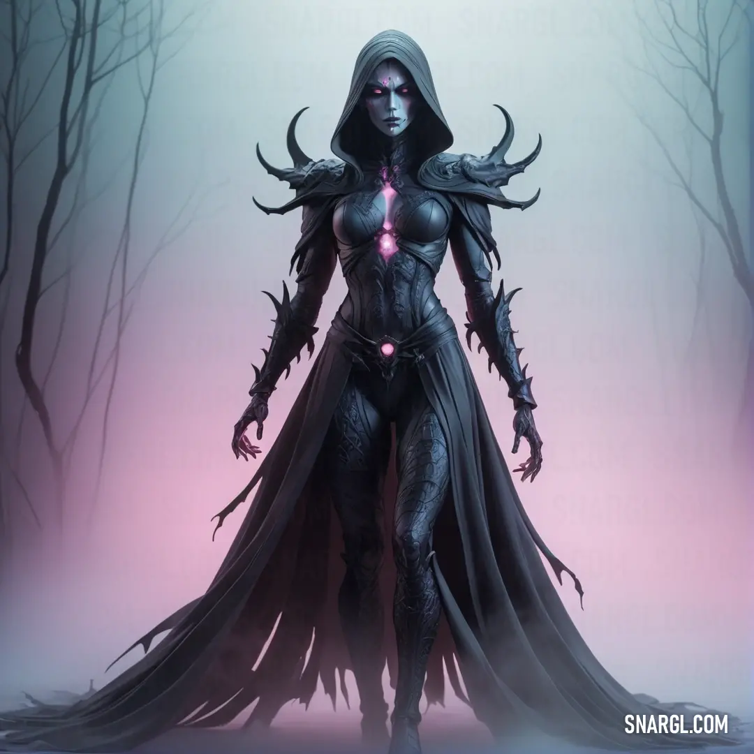 Wraith in a hooded costume standing in a foggy forest with her hands on her hips and her eyes closed