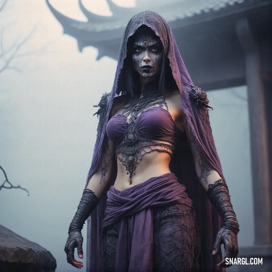 Wraith in a purple outfit with a hood and a hoodie on her head