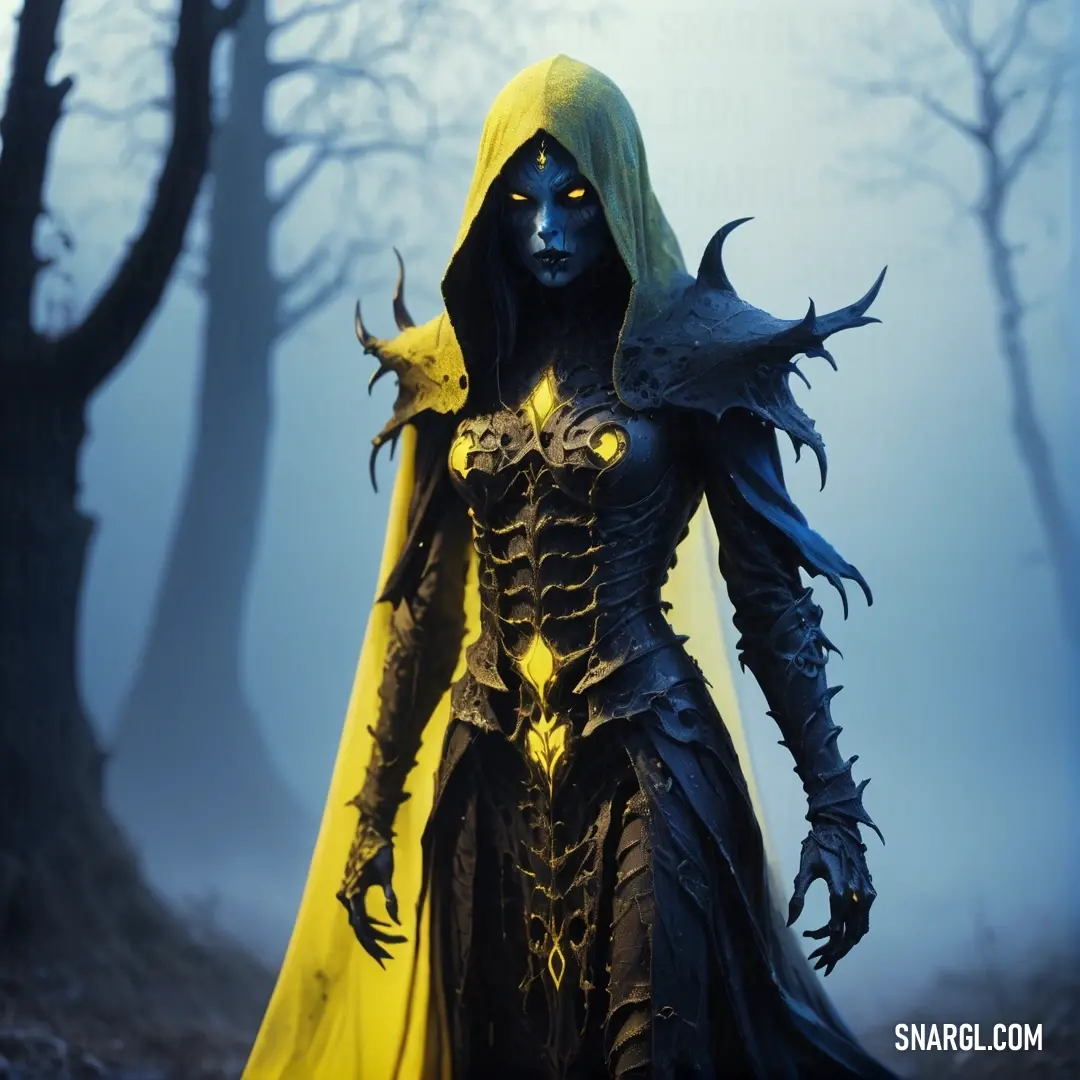 Wraith in a yellow and black costume in a forest with trees and fogs in the background
