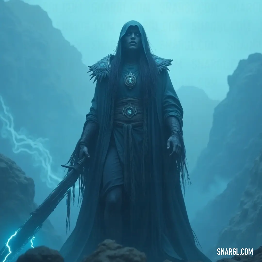 Amidst tempestuous skies, a wraithblade brandishes its sword atop rugged terrain, a figure of power surrounded by the electric energy of nature's fury, standing defiant against the storm. A striking wraithblade dressed in flowing black robes stands resolute atop a rocky outcrop, its sword gleaming ominously against the backdrop of a stormy sky lit by fierce lightning. The tension in the air mirrors the raw power radiating from this formida