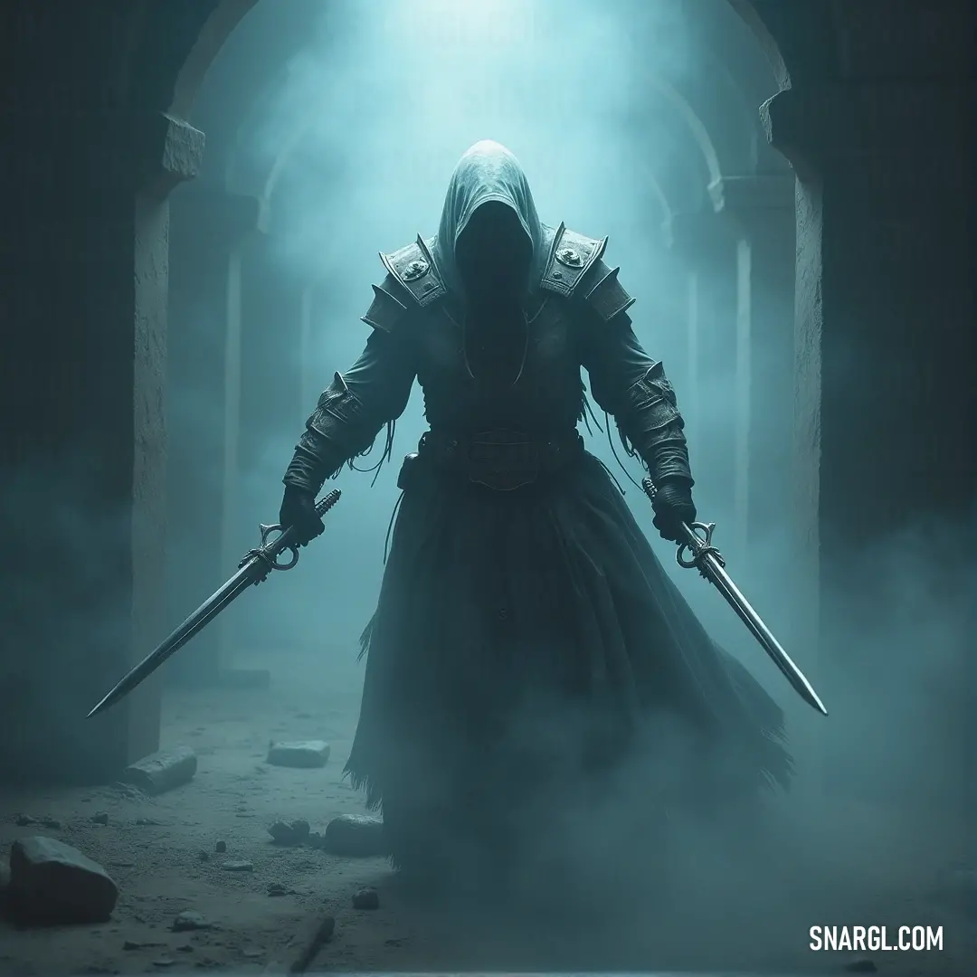 A Wraithcaller in a dark hooded suit, holding two swords, stands in a foggy setting with a mysterious light shining from behind. A Wraithcaller, dressed in a dark hooded cloak, holds two gleaming swords in a fog-covered area. A mysterious light shines from behind, casting long shadows and adding to the sense of otherworldly power surrounding the figure.