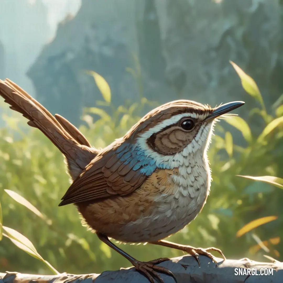 A charming wren perches delicately on a slender branch, surrounded by vibrant green plants. In the background, towering mountains rise majestically, their peaks dusted with snow, creating a peaceful, natural scene.