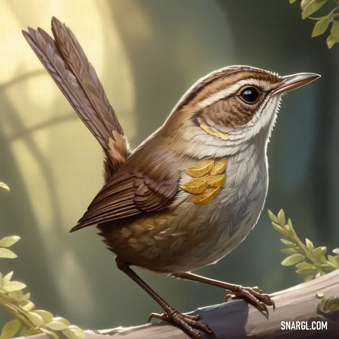 A wren rests on a branch, surrounded by leaves that gently frame its body. The bird's wings appear poised and ready to take flight, adding movement to the tranquil scene.