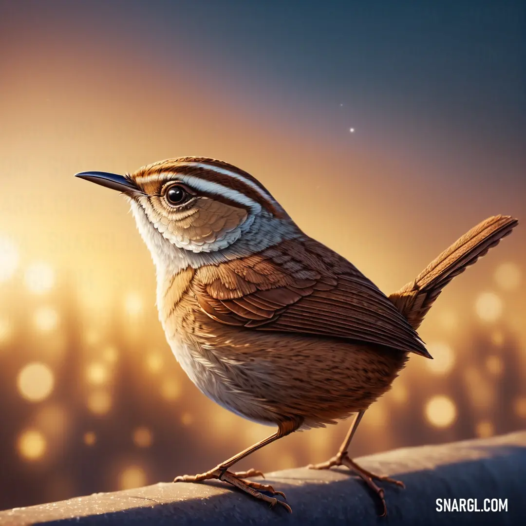 A wren sits on a ledge, its delicate form contrasting against the vibrant city lights that twinkle in the distance. The nighttime cityscape provides a stunning backdrop, adding an urban touch to the peaceful scene.