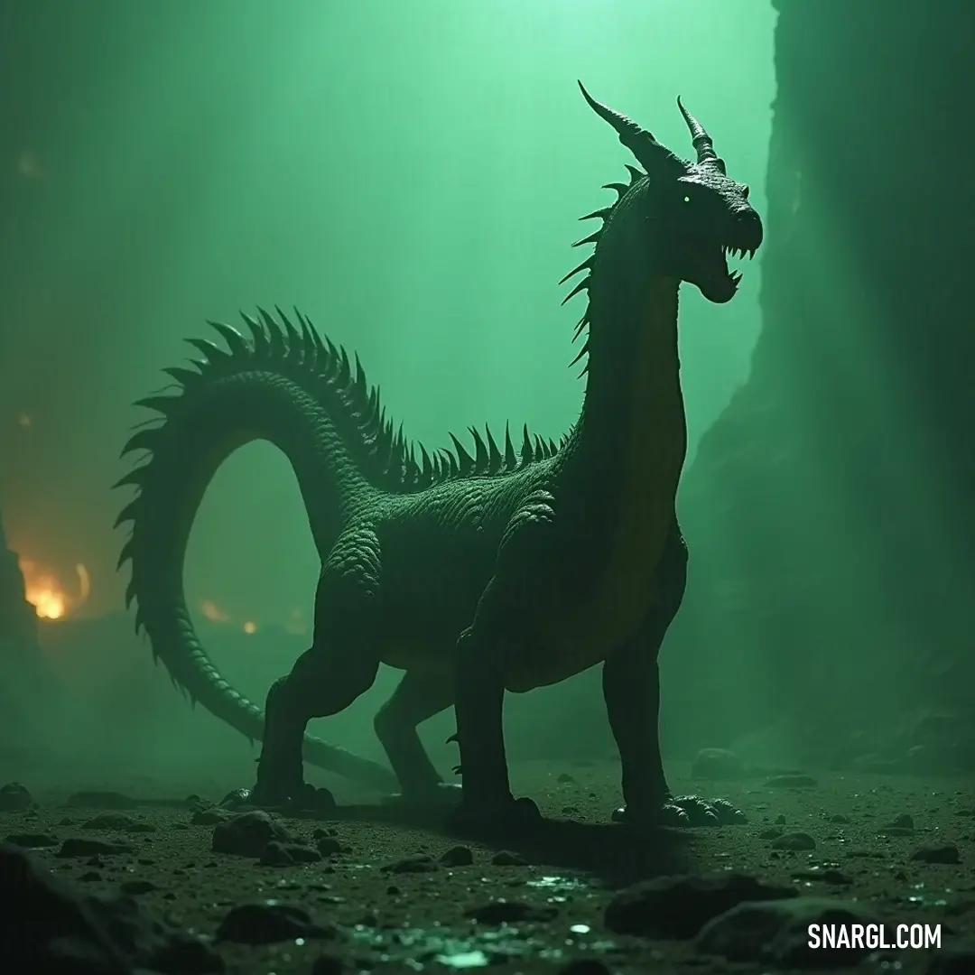 In a mystical cave environment, a magnificent green wyrm basilisk statue stands tall, beautifully highlighted by a dramatic light that brings its intricate details to life within the shadows. A large, enchanting green wyrm basilisk statue stands regally within a cave-like setting, illuminated by a captivating beam of light cascading down onto its head, accentuating its breathtaking features.