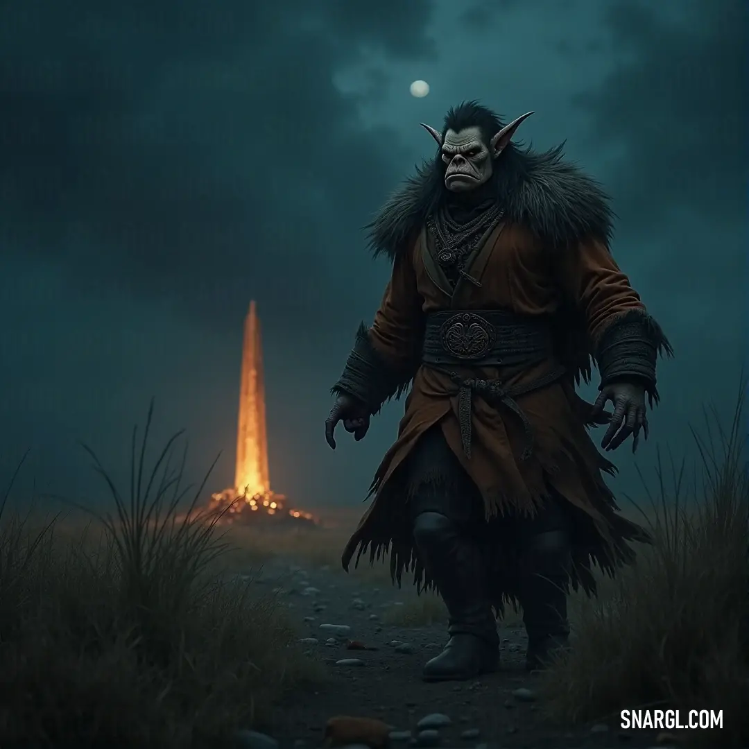 Xal'atath in a horned costume, walking toward a tower with a glowing light, set against a dark night sky and full moon that adds a sense of magic to the scene. Xal'atath, dressed in a horned costume, walks toward a towering structure illuminated by a bright light. The night sky and full moon above add to the mystical atmosphere, casting a glow on the scene as he approaches.
