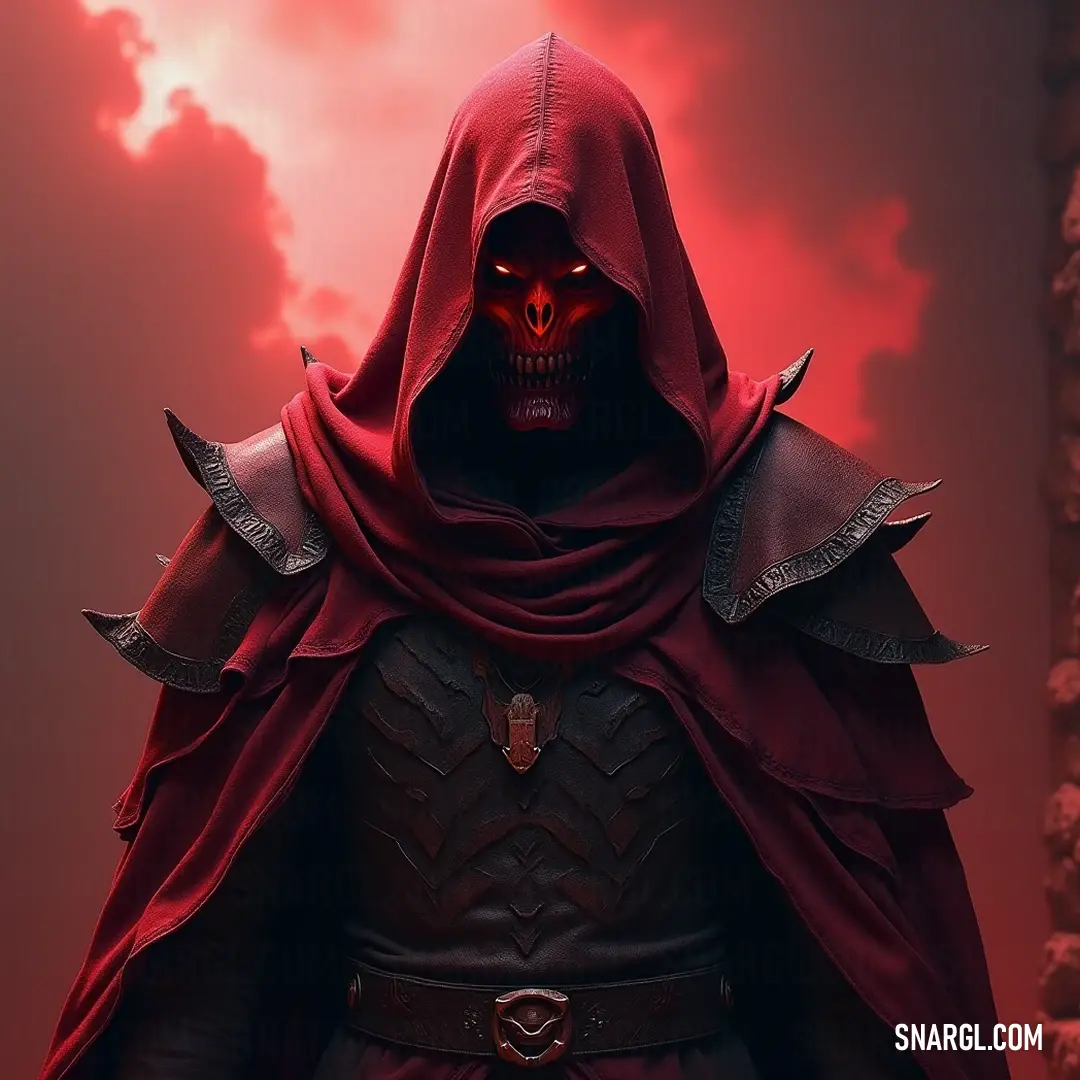 Demonic Xalnath, cloaked in red, presents a captivating yet eerie visage, complemented by a skull face that draws shivers and fascination alike. A demonic figure known as Xalnath dons a red cloak and hood, with a skull face staring out menacingly, evoking a sense of awe and trepidation in the viewer.