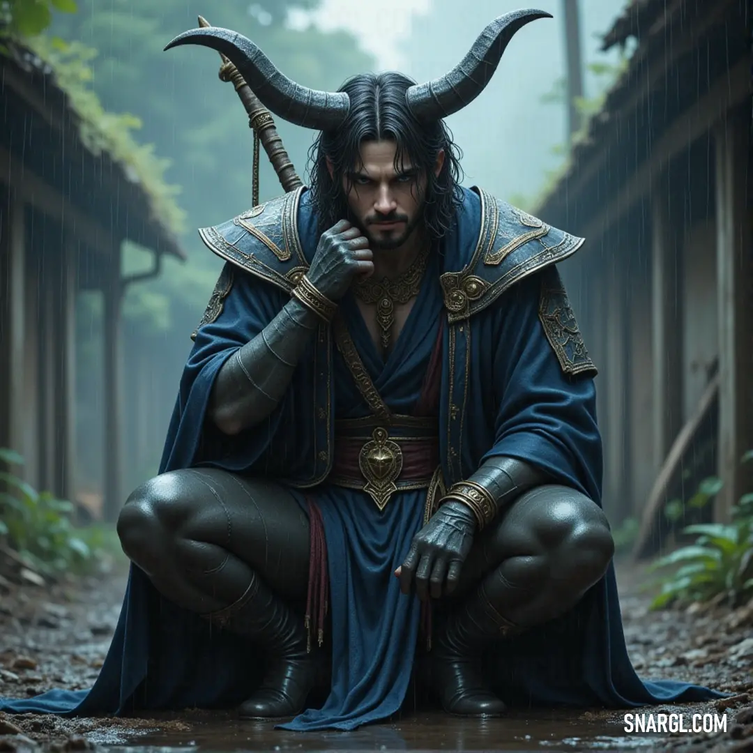 A warrior in a horned costume walks through a serene forest path, his enigmatic presence blending seamlessly with the trees and shadows around him. A striking figure in a horned costume strides confidently along a forest path, the mysterious aura of his costume blending with the natural surroundings as he ventures deeper into the wilderness.