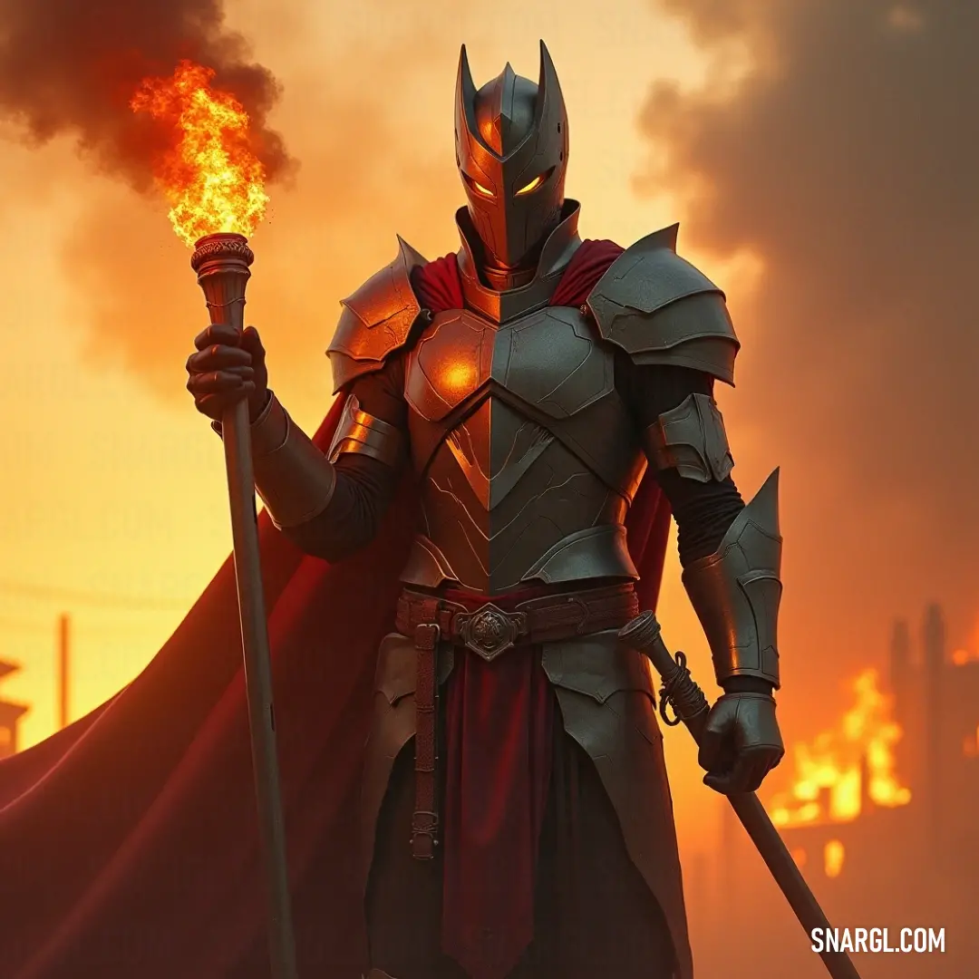 A valiant warrior in shining armor wielding a sword and a fire stick, with a sprawling city in the backdrop, creating an epic scene. A brave figure dressed in intricate armor, holding a blazing fire stick in one hand and a sword in the other. The figure stands tall against a vast cityscape, with towering buildings stretching into the sky behind them.