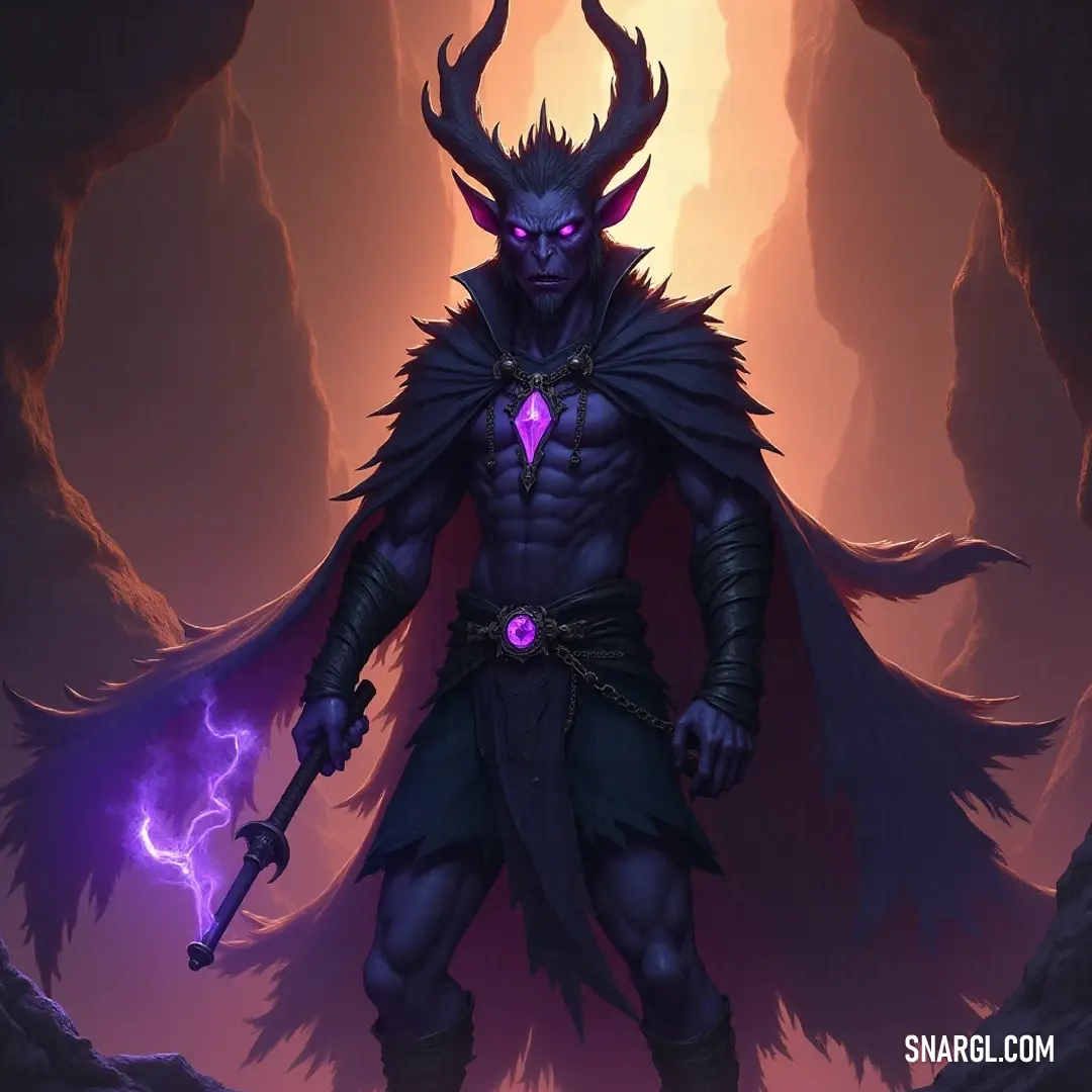 Amidst the rugged landscape of a mystical cave, this horned figure commands attention with a mesmerizing purple light, suggesting an untold story of power and adventure hidden within these ancient walls. A horned warrior stands defiantly in the dim aura of a cave, his hand raised with a radiant purple light, casting an ethereal glow that dances across the rocky surface, hinting at the magic he controls.