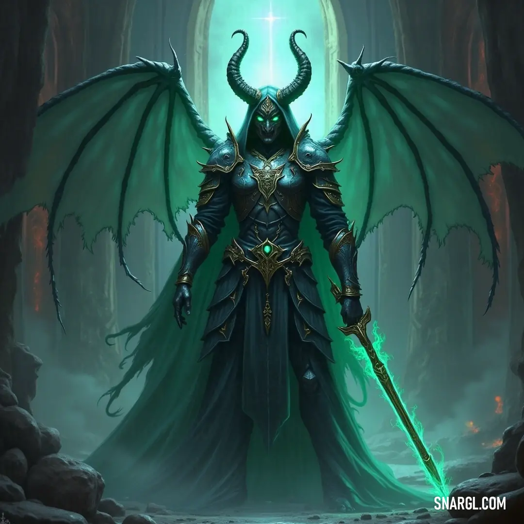 A fierce warrior clad in green stares ahead, sword raised, showcasing a demon-like visage and expansive wings, ready for battle in a wild landscape. A fierce warrior clad in green stares ahead, sword raised, showcasing a demon-like visage and expansive wings, ready for battle in a wild landscape.
