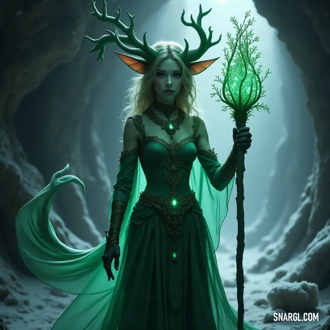A mesmerizing image of a mythical character adorned in green, wielding a verdant staff and a plant, surrounded by the ethereal glow of a hidden cave. A captivating scene of a mystical figure dressed in elegant emerald attire, holding a vibrant green staff and a lush plant. She stands in a dimly lit cave where beams of light filter through, illuminating her enchanting presence against the rugged stone b
