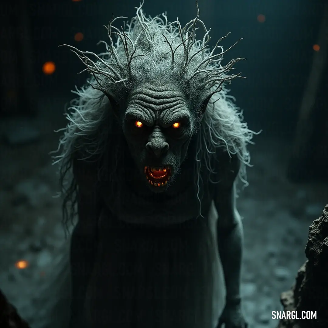 An unsettling figure with luminous eyes and wild white hair, shrouded in darkness, surrounded by an eerie red glow, dressed elegantly in black, creating a haunting presence. An eerie yet captivating figure, with glowing eyes and wild white hair, emerges from the shadows, illuminated by red light that casts an unsettling aura, dressed in a flowing black gown.