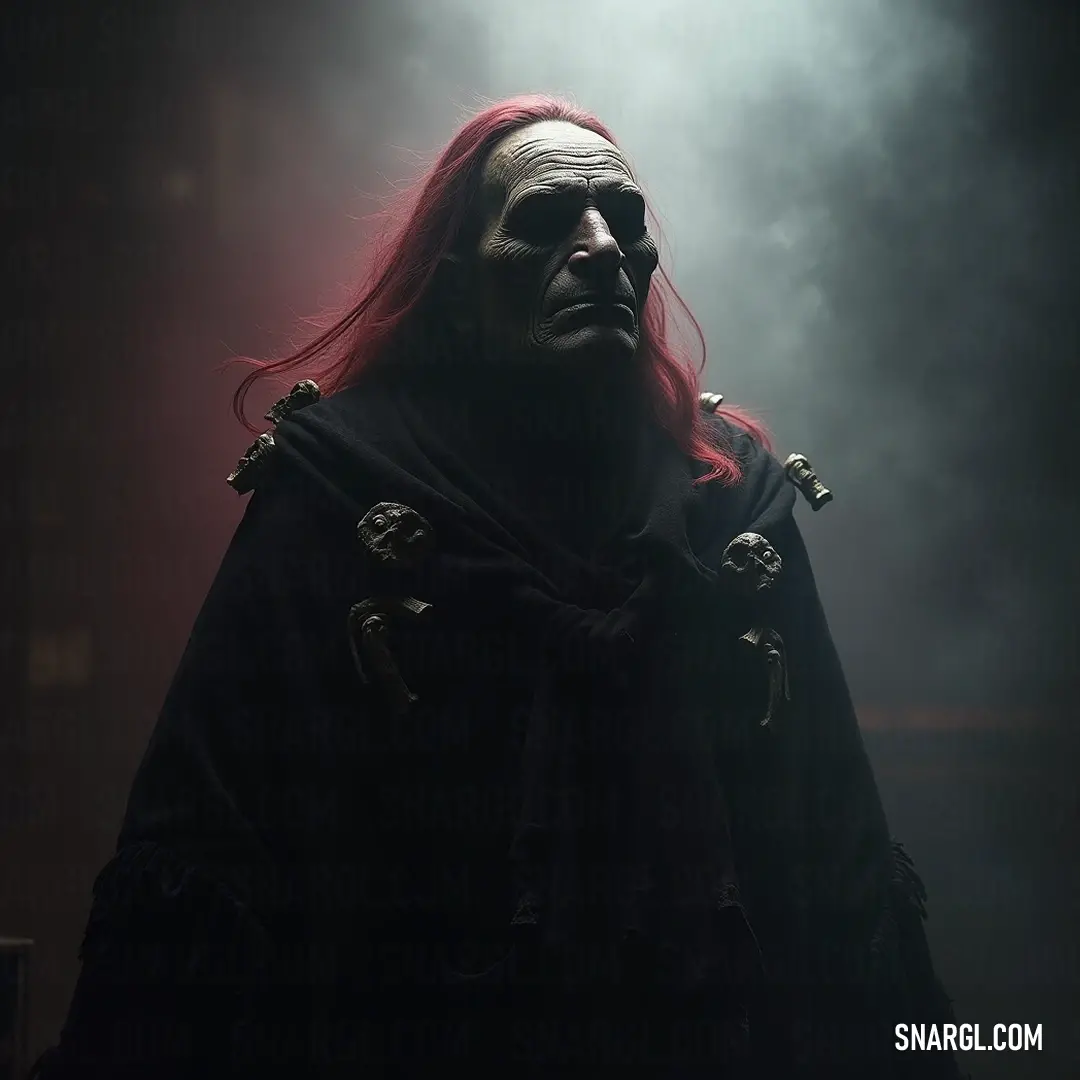 In a smoky atmosphere, the Yaga with fiery red hair and an enigmatic black outfit stands confidently, embodying mystery and allure within the darkness. In a dimly lit room shrouded in smoke, a Yaga with striking red hair and a black outfit stands boldly, her presence evoking a sense of mystery and depth, as light dances around her and casts intriguing shadows.